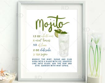 Mojito Cocktail with Recipe - PRINTABLE Wall Art / Cocktails Mixed Drinks Wall Art / Hand Drawn Cocktails / Cocktails Print / 2 for 1 Print!