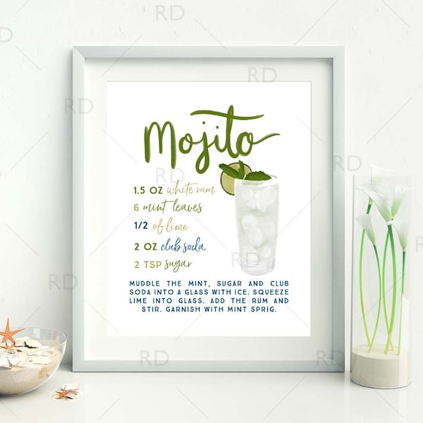 Mojito Cocktail with Recipe - PRINTABLE Wall Art / Cocktails Mixed Drinks Wall Art / Hand Drawn Cocktails / Cocktails Print / 2 for 1 Print!