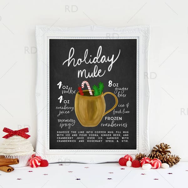 Holiday Mule HOLIDAY Cocktail with Recipes - PRINTABLE Wall Art / Holiday Drinks Recipe Chalkboard / Moscow Mule Recipe / Christmas Wall Art