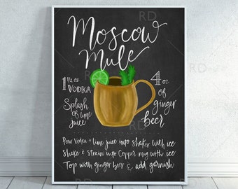 Moscow Mule Chalkboard Cocktail with Recipe - PRINTABLE Wall Art / Cocktails Mixed Drinks Wall Art / Hand Drawn Cocktails / Cocktails Print
