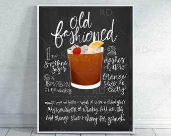 Old Fashioned Chalkboard Cocktail with Recipe - PRINTABLE Wall Art / Cocktails Mixed Drinks Wall Art / Hand Drawn Cocktails / Cocktail Print