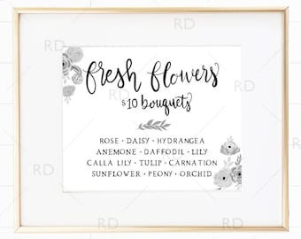 Fresh Flowers - PRINTABLE Wall Art / List of flowers wall art printable / daisy, calla lily, lavender, lily, daffodil, peony, orchid FLOWERS