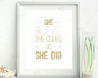 She Believed She Could So She Did PRINTABLE Wall Art / Quote Printable / Inspirational Wall Art / Motivational Wall Print / Positive Print