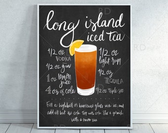 Long Island Iced Tea Chalkboard Cocktail with Recipe - PRINTABLE Wall Art / Cocktails Mixed Drinks Wall Art / Hand Drawn Cocktails / Drink