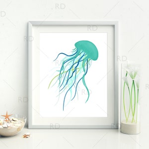 Jellyfish with Greens and Blues PRINTABLE Wall Art / Hand Drawn Jellyfish Printable / Wall Art / Ocean Art / Nautical / Underwater Life image 1