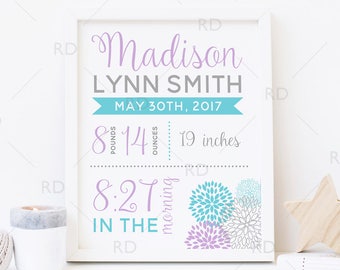 Floral Birth Announcement PRINTABLE Wall Art / Date of Birth Printable / Baby Name Print / About Baby Print / Floral Burst Dahlias / Custom