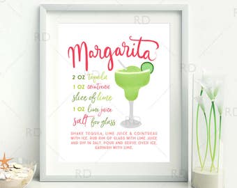 Margarita Cocktail with Recipe - PRINTABLE Wall Art / Cocktails Mixed Drinks Wall Art / Hand Drawn Cocktails / Cocktails Prints / 2 For 1!