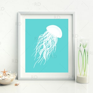 Jellyfish with Aqua and Khaki - PRINTABLE Wall Art / Hand Drawn Jellyfish Printable / Wall Art / Ocean Art / Nautical / 2 for Price of 1