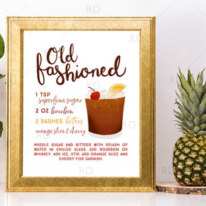 Old Fashioned  Cocktail with Recipe - PRINTABLE Wall Art / Cocktails Mixed Drinks Wall Art / Hand Drawn Cocktails / Cocktail Print