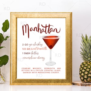 Manhattan Cocktail with Recipe - PRINTABLE Wall Art / Cocktails Mixed Drinks Wall Art / Hand Drawn Cocktails / Cocktails Prints / 2 Prints
