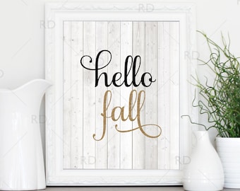 Hello Fall - PRINTABLE Wall Art / Hello Fall Printable / Fall Wall Art / Autumn Wall Art / Rustic Wooden Background / 2 for price of 1 Print
