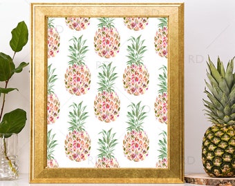 Pineapple with Florals - PRINTABLE Wall Art / Floral Pineapple Wall Printable / Pineapple with Floral Overlay | Pineapple Art / 2 for 1 Art