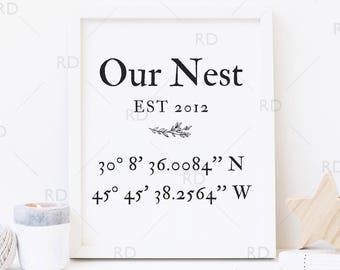 Our Nest with your home coordinates and Established Date - PRINTABLE Wall Art / Custom Farmhouse Rustic Wall Art / Our Nest Rustic Printable