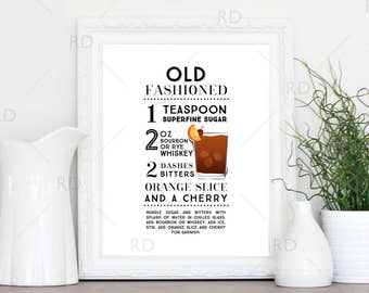 Old Fashioned Cocktail Recipe - PRINTABLE Wall Art / Cocktail Recipe Wall Art / Mixed Drink with Recipes Printable Wall Art / Cocktail Art