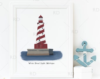 White Shoal Light Michigan Lighthouse - PRINTABLE Wall Art / Nautical print / Ocean Nautical art print / Lighthouse Art / Lighthouse Print