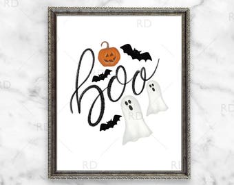 Boo Halloween PRINTABLE wall art / Halloween Wall Print / Ghosts Pumpkins and Bats / Halloween Wall Decor / Halloween Themed Wall Art