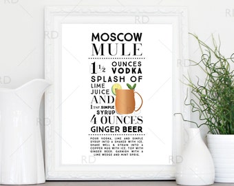 Moscow Mule Cocktail - PRINTABLE Wall Art / Cocktail Recipe Wall Art / Mixed Drink with Recipes Printable Wall Art / Cocktail Wall Art