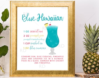 Blue Hawaiian Cocktail with Recipe - PRINTABLE Wall Art / Cocktails Mixed Drinks Wall Art / Hand Drawn Cocktails / Cocktail Print / Colorful