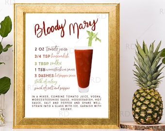 Bloody Mary Cocktail with Recipe - PRINTABLE Wall Art / Cocktails Mixed Drinks Wall Art / Hand Drawn Cocktails / Cocktails Print