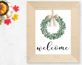 Welcome Seasonal Wreath Printable Wall Art / Fall with leaf wall print / Autumn Wall Art / Autumn Themed Wall Art / Eucalyptus Wreath Art