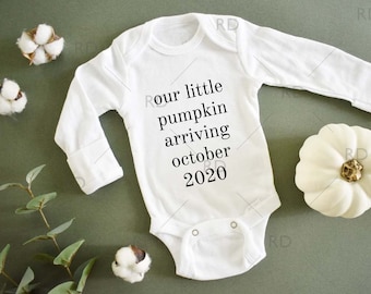 Fall Pregnancy Announcement Mockup with Pumpkin and Eucalyptus / Baby Outfit Pregnancy Announcement / Our Little Pumpkin Arriving In / Green