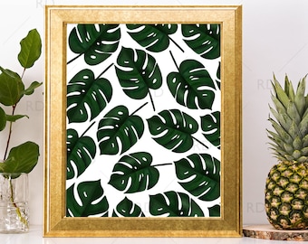 Tropical Leaves - PRINTABLE Wall Art / Hawaiian Leaves Wall Art / Hand Drawn Tropical Print / Palm Leaves Print / Split Leaf Philodendron
