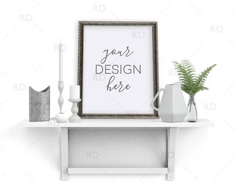 Items on White Shelf with Silver Frame Mockup / Styled Stock Photography / 8"x10" Frame PNG / Candles Vase and Plant on Shelf with Frame