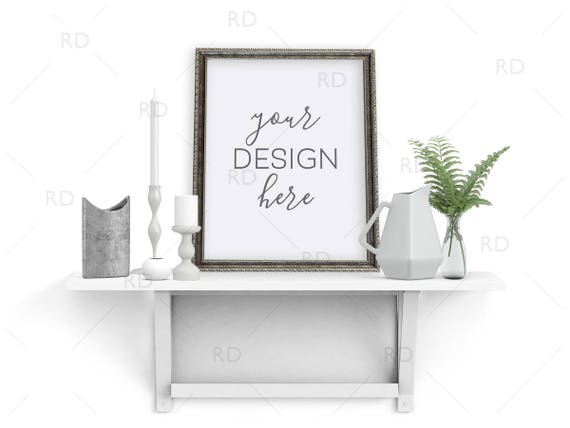Items On White Shelf With Silver Frame Mockup Items On White Shelf With Silver Frame Mockup