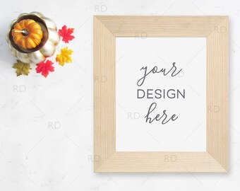 Download Free Pumpkin and Leaves Fall Themed Frame Mockup on Marble Desk / Styled Stock Photography / 8