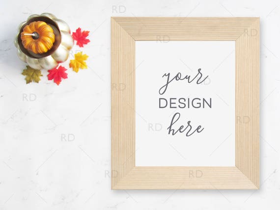Pumpkin And Leaves Fall Themed Frame Mockup On Marble