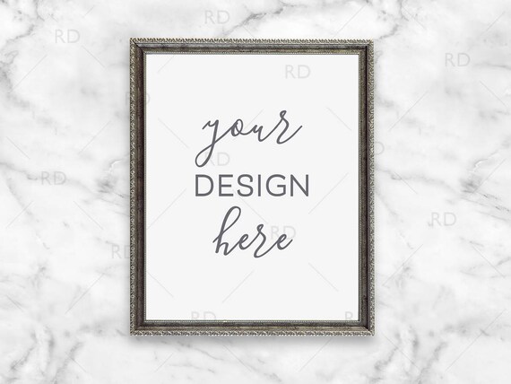 Silver Antique Frame Mockup On Marble Desk Styled Silver Antique Frame Mockup On Marble Desk Styled