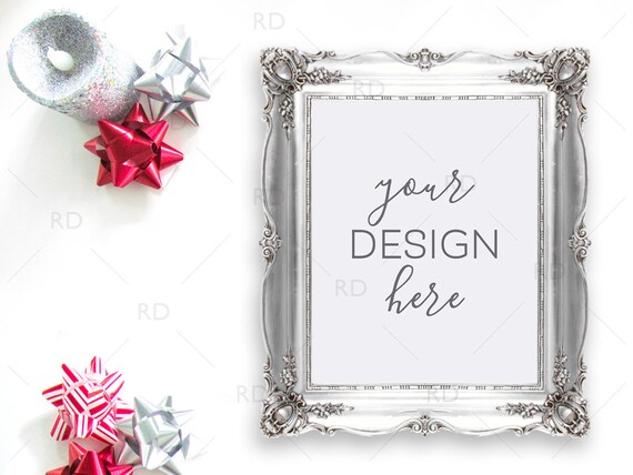 Christmas Themed Frame Mockup On White Desk Styled Christmas Themed Frame Mockup On White Desk Styled