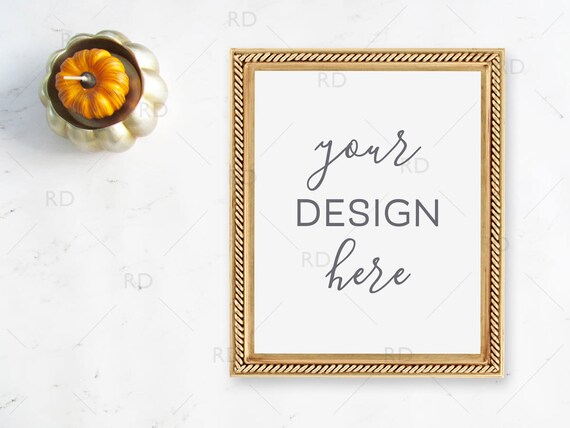 Pumpkin Fall Themed Frame Mockup On Marble Desk