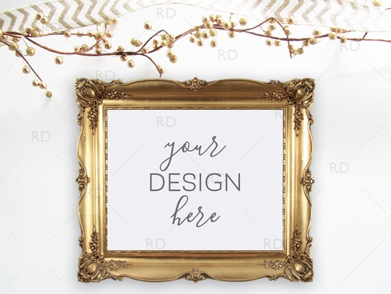 Gold Christmas Themed Frame Mockup On White Desk