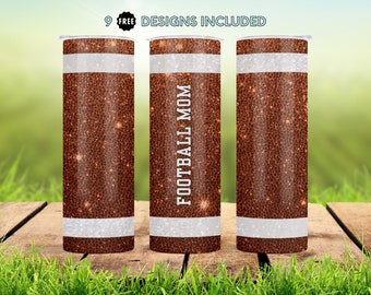 Football Mom Themed Brown and White Glitter Football Pattern / 20 oz Skinny Tumbler Wrap Sublimation Design - Straight and Tapered Designs