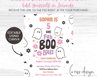 Halloween Fab-Boo-Lous Birthday Party Themed Invitation / PRINTABLE Birthday Invitation / Fully Customizable in Canva! You Edit!