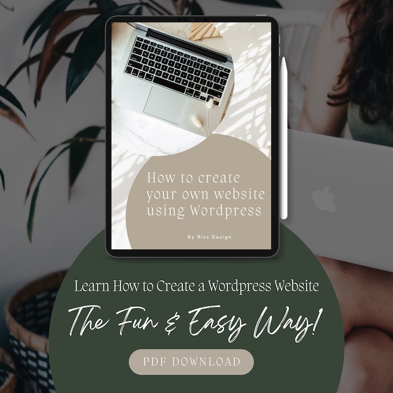 Puede incluir: Una gu&iacute;a de descarga digital sobre c&oacute;mo crear un sitio web utilizando Wordpress. La gu&iacute;a se titula "How to create your own website using Wordpress" y tiene el subt&iacute;tulo "Learn How to Create a Wordpress Website The Fun & Easy Way!" con un bot&oacute;n que dice "PDF DOWNLOAD".