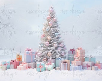 White Christmas Tree with Pastel Ornaments and Gifts Digital Backdrop / Christmas Photo / Christmas Backdrop / Digital Backdrop / Christmas