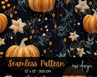 Seamless 3D Orange and Black Embroidered Pumpkins with Stars Design / 12" x 12" Seamless Design / Fall Pumpkin Design / 300DPI