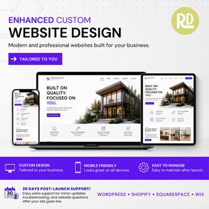 Op de afbeelding: Een marketingafbeelding voor aangepast websiteontwerp met een laptop, tablet en smartphone die een website voor een bouwbedrijf tonen. De tekst bevat ENHANCED CUSTOM WEBSITE DESIGN, BUILT ON QUALITY, FOCUSED ON YOU en 30 DAYS POST-LAUNCH SUPPORT.