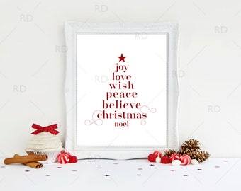 Christmas Tree Subway Art PRINTABLE / Joy, love, peace, believe, Christmas, noel / Christmas printable / Holiday wall art / Christmas