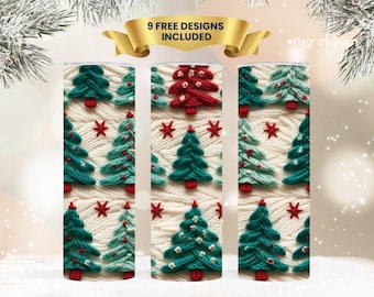 3D Red and Green Embroidered Christmas Trees Tumbler Wrap / 20 oz Skinny Tumbler Wrap Sublimation - Straight and Tapered Design / Christmas