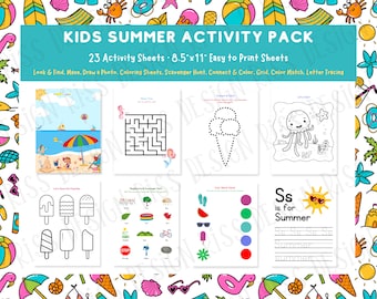 Summer Themed Activity Pack for Kids / Summer Digital Coloring Pages / PDF Activity Pages for Kids / Printable Kids Activities