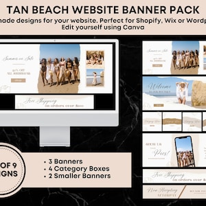 Op de afbeelding: Een set van negen websitebanners voor een badmodeboetiek. De banners hebben een strandthema met afbeeldingen van vrouwen in badkleding, tekstoverlays en een gratis verzendingsaanbieding. De banners zijn ontworpen voor gebruik op Shopify, Wix of Wordpress.