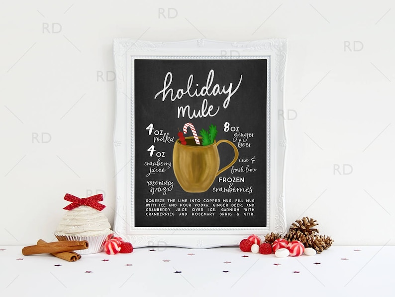 Holiday Mule HOLIDAY Cocktail with Recipes PRINTABLE Wall Art / Holiday Drinks Recipe Chalkboard / Moscow Mule Recipe / Christmas Wall Art image 1