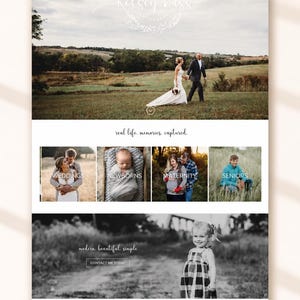 May include: A website interface for Kelsey Buss Photography featuring a hero image of a couple in a field, navigation links, and sections labeled Weddings, Newborns, Maternity, and Seniors. The page includes the text real life, memories, captured.