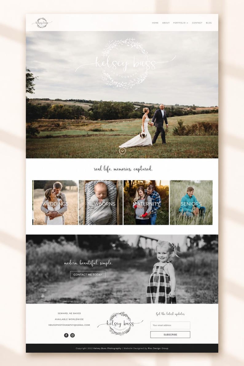 May include: A website interface for Kelsey Buss Photography featuring a hero image of a couple in a field, navigation links, and sections labeled Weddings, Newborns, Maternity, and Seniors. The page includes the text real life, memories, captured.