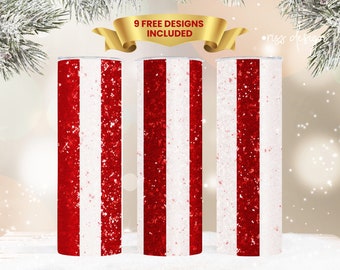 Candy Cane Stripes Tumbler Wrap / 20 oz Skinny Tumbler Wrap Sublimation - Straight and Tapered Design / Red and White Glitter Stripes Wrap