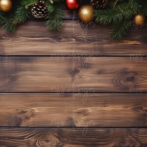 May include: A rustic wooden background with a garland of pine branches, pine cones, and gold and red ornaments. The garland is at the top of the image, leaving a large space for text or other elements.