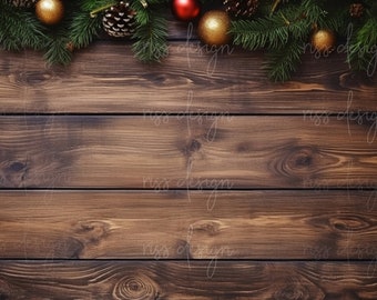 Christmas Styled Table Mockup / Wooden Table with Garland and Ornaments / Desk Mockup / Christmas Items on a Table / Red Gold and Green